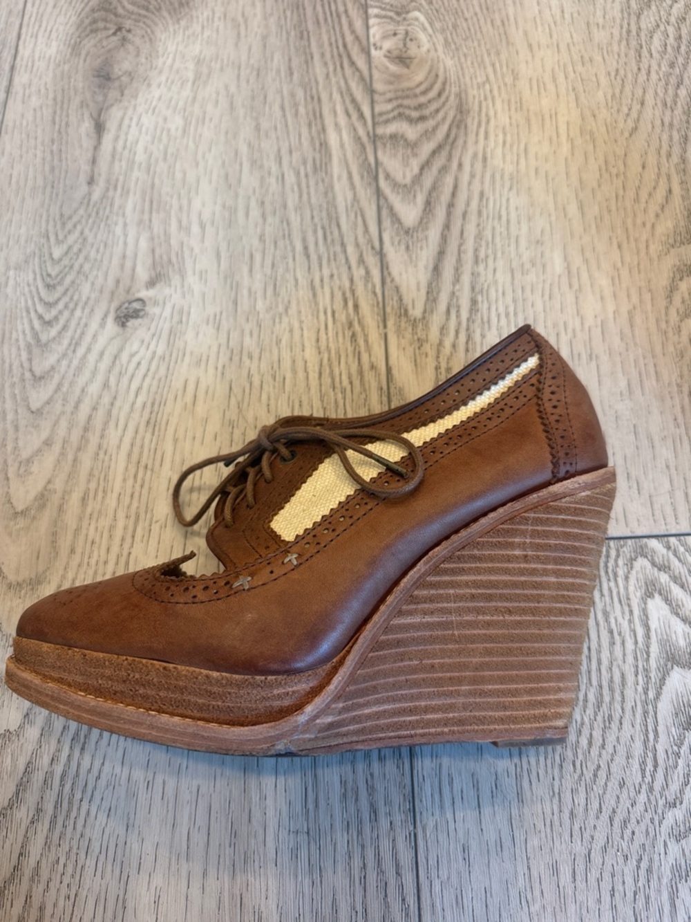 rag & bone Brown Lace-Up Wedge Brogues with Cream Insets - Picture 4 of 9